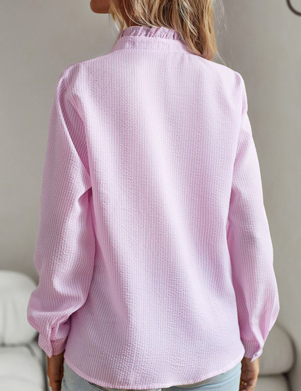 Pink Striped Ruffle Detail Long Sleeve Shirt