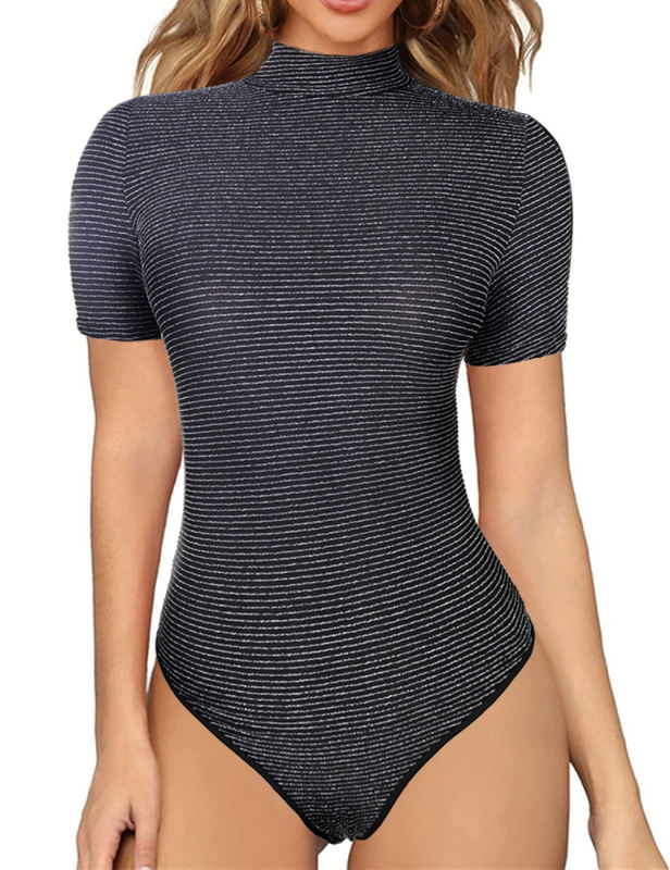 Black Silver Wire Striped Mock Neck Bodysuit