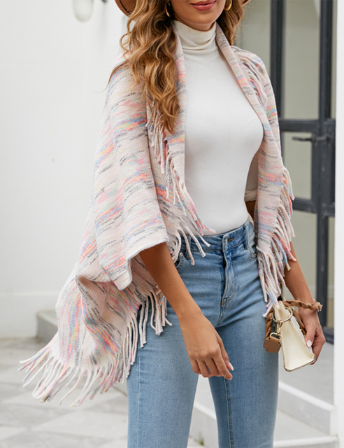 Apricot Striped Tassel Shawl Knitted Cape Jacket