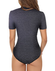 Black Silver Wire Striped Mock Neck Bodysuit