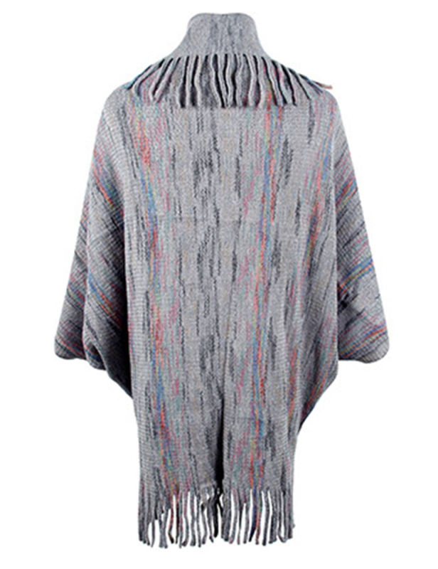 Grey Striped Tassel Shawl Knitted Cape Jacket