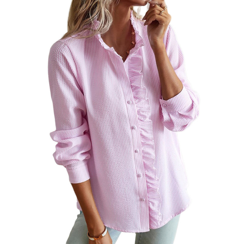Pink Striped Ruffle Detail Long Sleeve Shirt