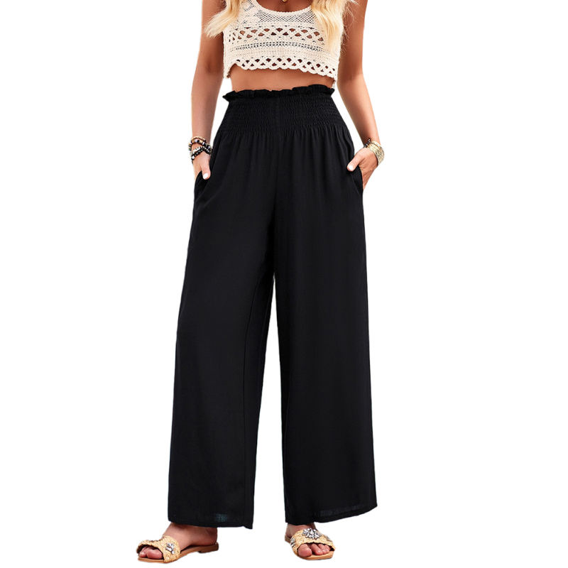 Black Pleated Waist Pocket Casual Pants