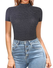 Black Silver Wire Striped Mock Neck Bodysuit