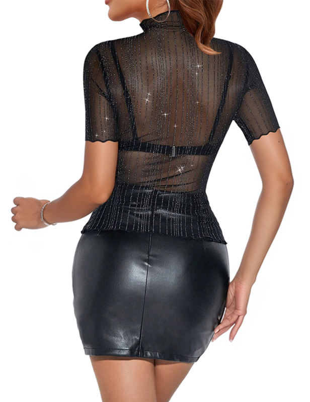 Black Silver Wire Striped Mesh Short Sleeve Tops