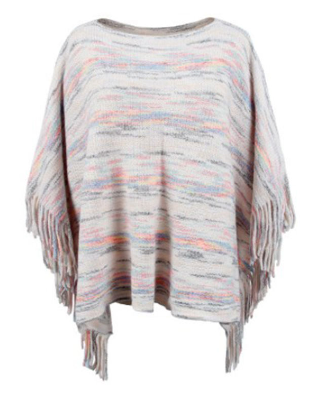 Apricot Striped Tassel Shawl Knitted Cape Top