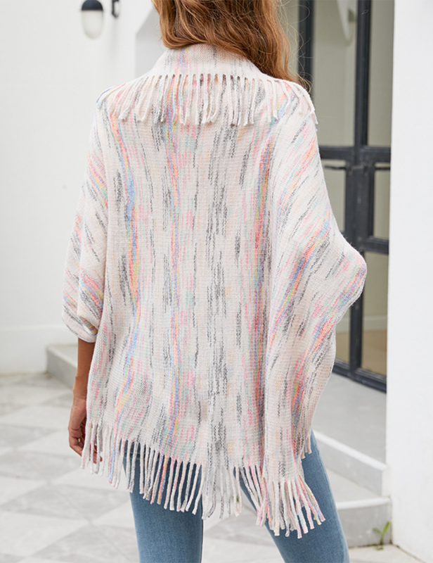 Apricot Striped Tassel Shawl Knitted Cape Jacket