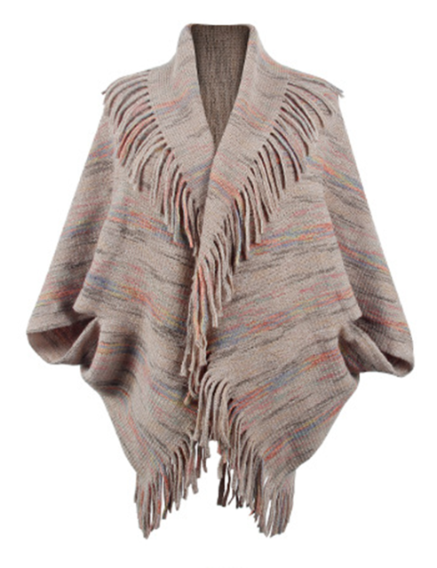 Khaki Striped Tassel Shawl Knitted Cape Jacket