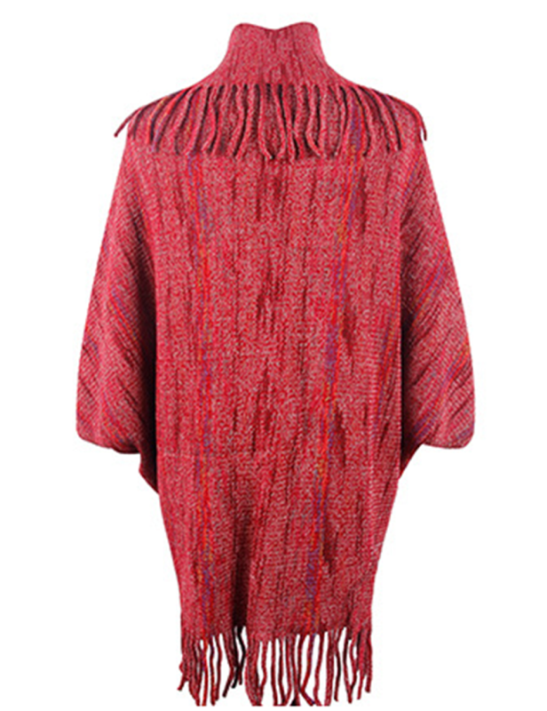 Burgundy Striped Tassel Shawl Knitted Cape Jacket