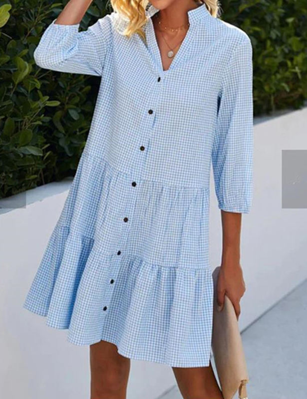 Blue Plaid Print V Neck Half Sleeve Shirt Dress