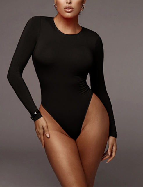 Black O Neck Cotton Long Sleeve Bodysuit