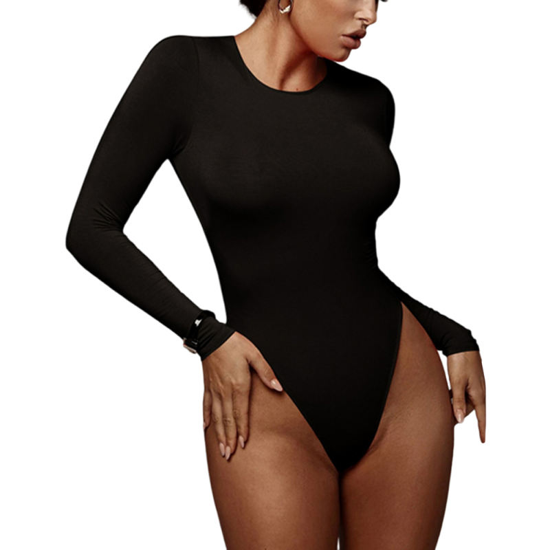 Black O Neck Cotton Long Sleeve Bodysuit