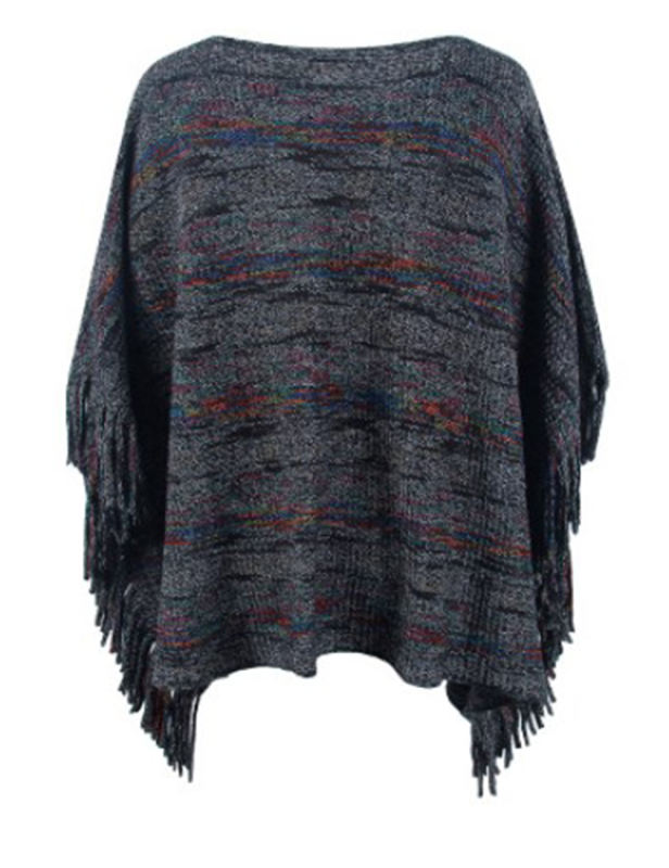 Black Striped Tassel Shawl Knitted Cape Top
