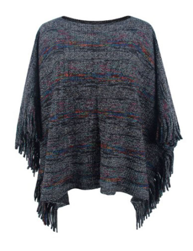 Black Striped Tassel Shawl Knitted Cape Top