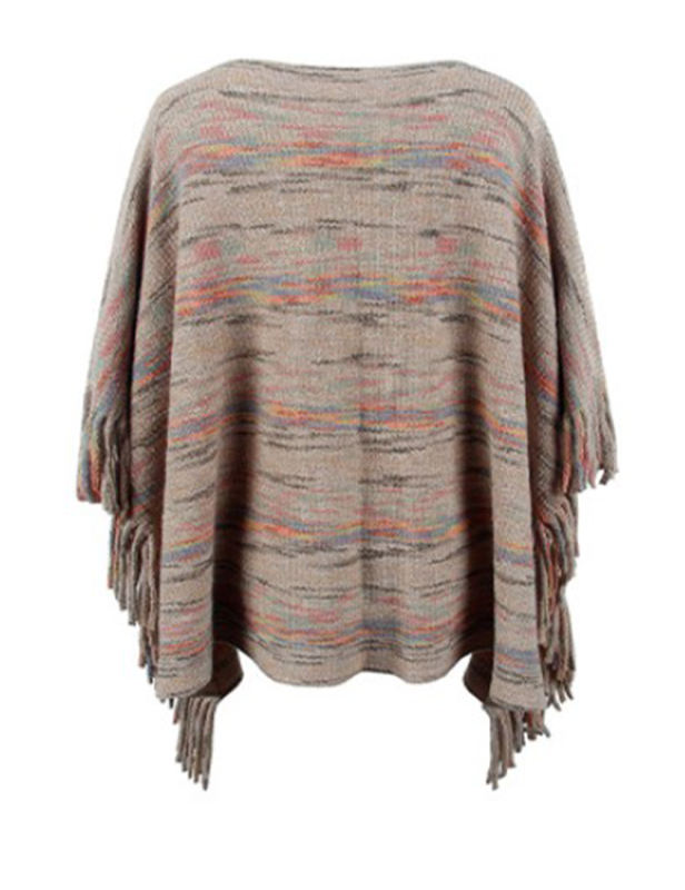 Khaki Striped Tassel Shawl Knitted Cape Top