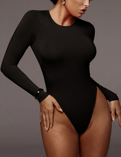 Black O Neck Cotton Long Sleeve Bodysuit
