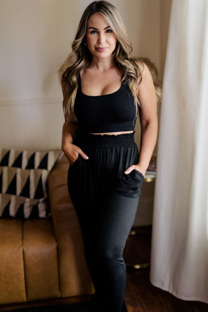 Black Plus Size Frill High Wasit Pocketed Soft Pants