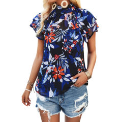 Black Floral Print Layered Short Sleeve Blouse