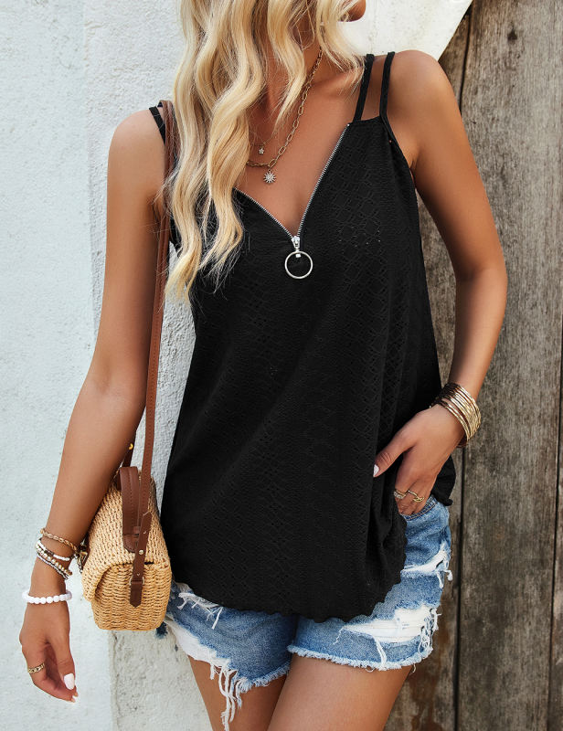 Black Double Straps Loose Fit Tank Tops