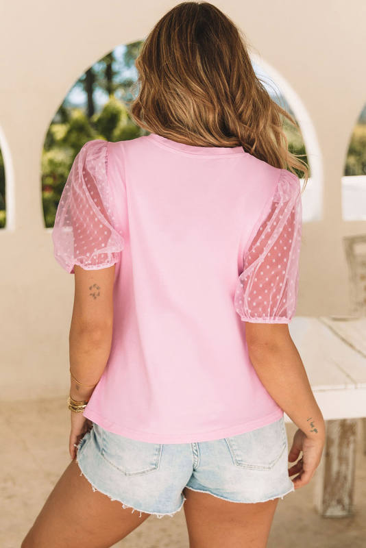 Pink Bow Heart Shape Cherry Print Dotted Mesh Sleeve T Shirt