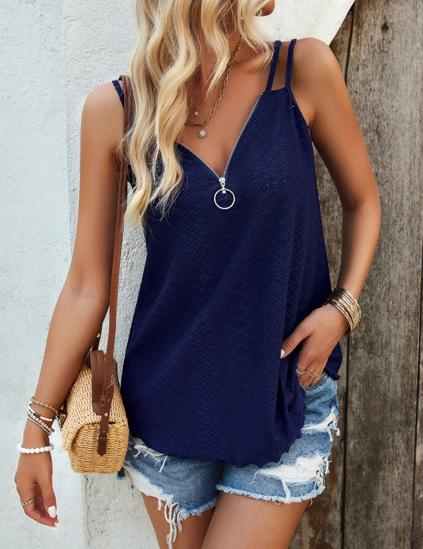 Navy Blue Double Straps Loose Fit Tank Tops