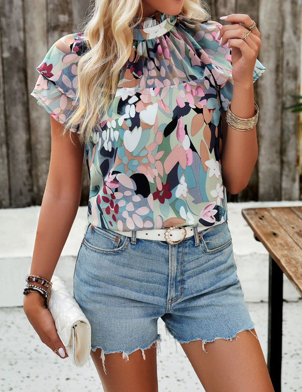 Green Floral Print Layered Short Sleeve Blouse