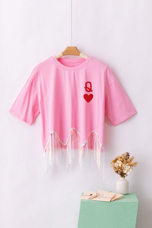 Pink Queen Card Sequin Fringed Hem T-shirt