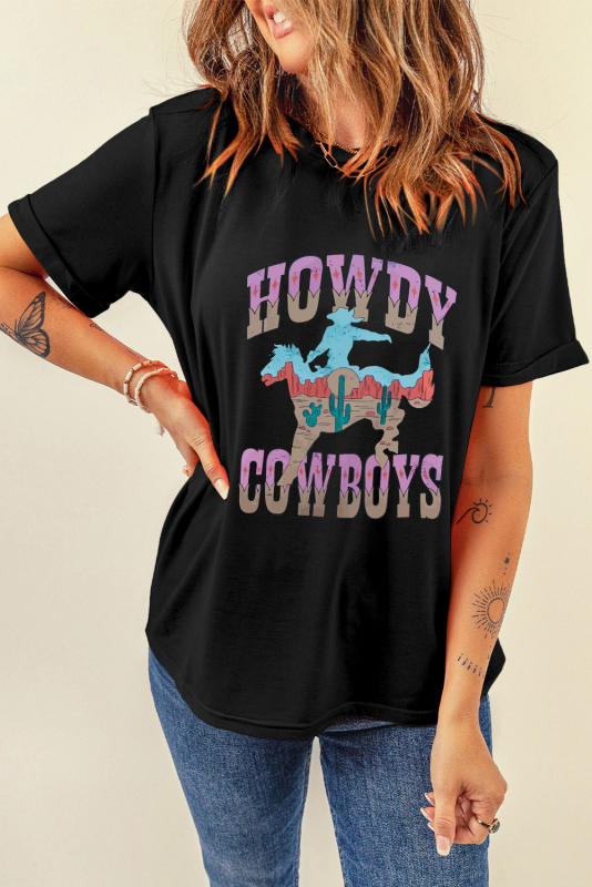 Black HOWDY COWBOYS Western Fashion Graphic Tee
