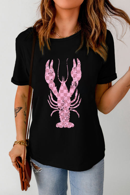 Black Checkered Lobster Print Crew Neck T Shirt