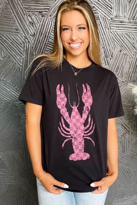 Black Checkered Lobster Print Crew Neck T Shirt