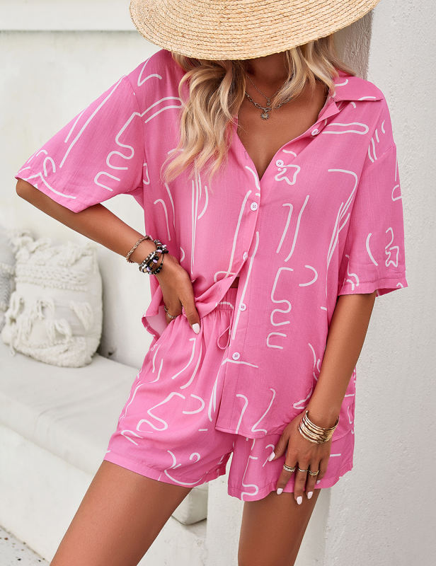 Rosy Abstract Print Button Shirt and Shorts Set