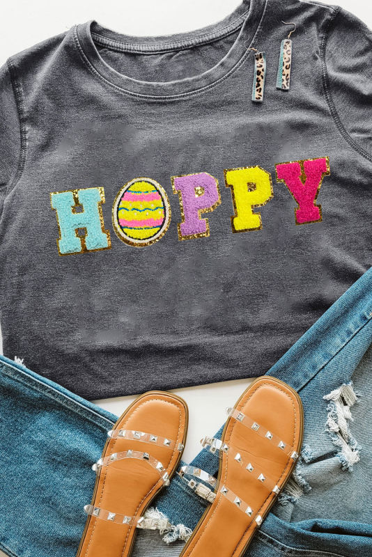 Gray Easter Egg HOPPY Chenille Patched Pattern T Shirt