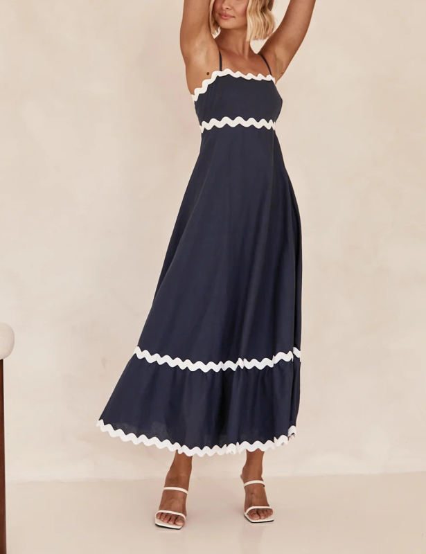 Navy Blue Spaghetti Straps Lace Trim Swing Maxi Dress