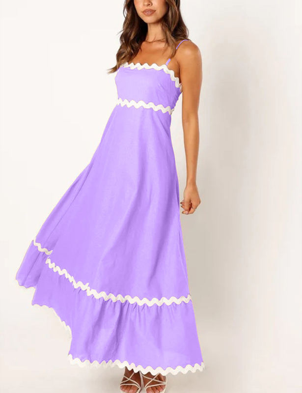 Purple Spaghetti Straps Lace Trim Swing Maxi Dress
