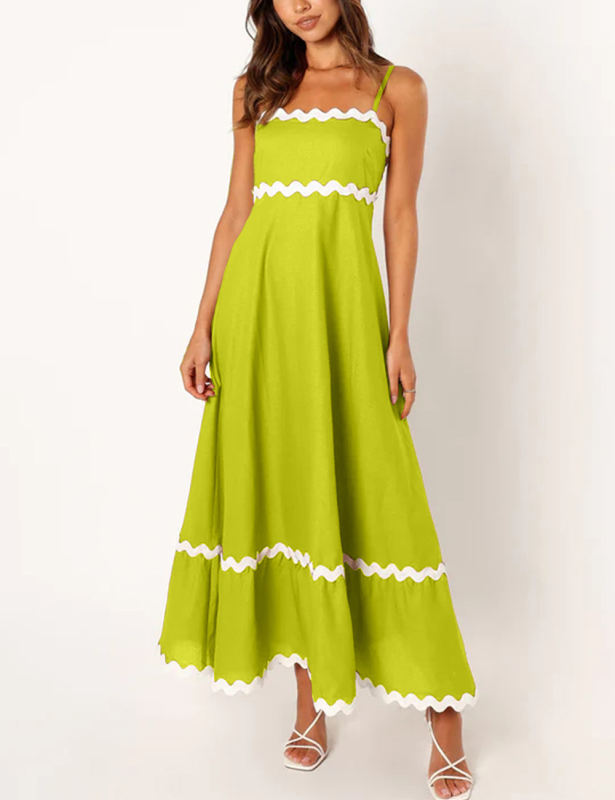 Grass Green Spaghetti Straps Lace Trim Swing Maxi Dress
