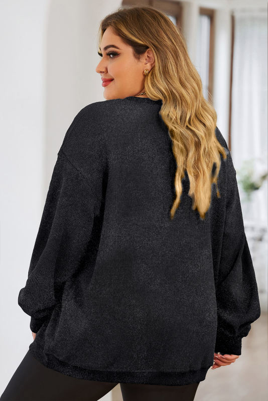 Black Lucky Chenille Patched Corded Plus Size Sweatshirt