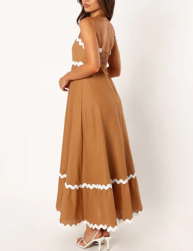 Coffee Spaghetti Straps Lace Trim Swing Maxi Dress