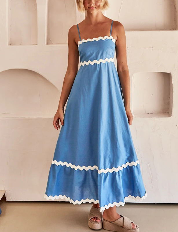 Lake Blue Spaghetti Straps Lace Trim Swing Maxi Dress