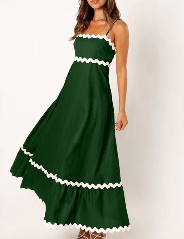 Green Spaghetti Straps Lace Trim Swing Maxi Dress