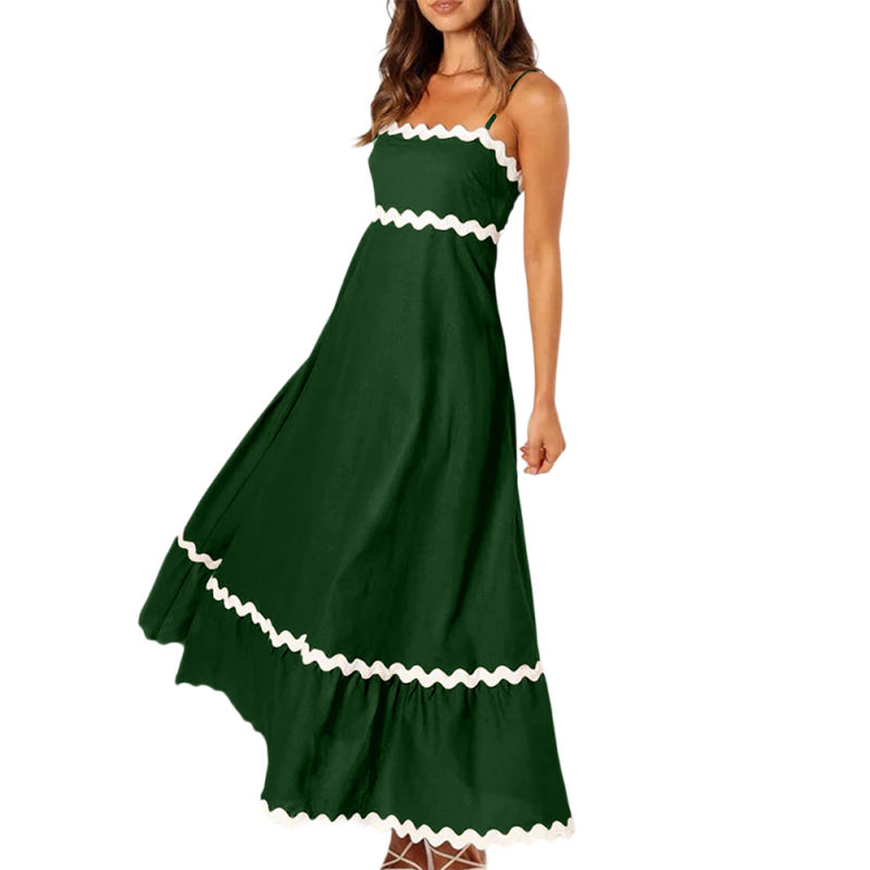 Green Spaghetti Straps Lace Trim Swing Maxi Dress