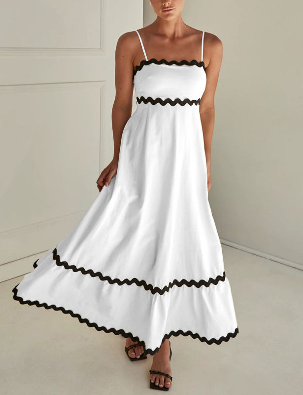 Black WhiteSpaghetti Straps Lace Trim Swing Maxi Dress