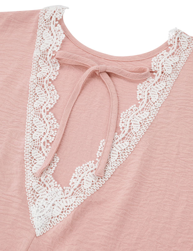 Pink Back Lace Crochet Short Sleeve Tops
