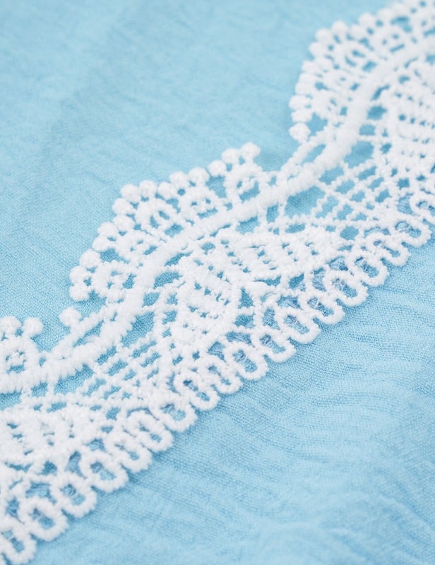 Sky Blue Back Lace Crochet Short Sleeve Tops