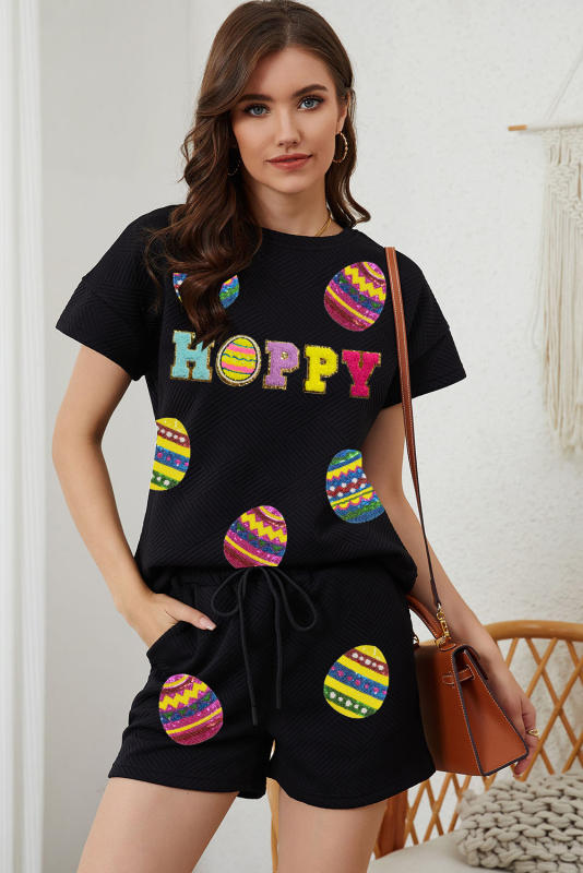 Black Sequin HOPPY Easter Eggs Print Textured Short Outfit