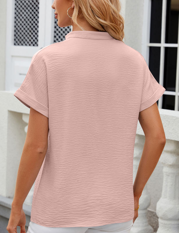 Pink Solid Color Short Sleeve V Neck Blouse