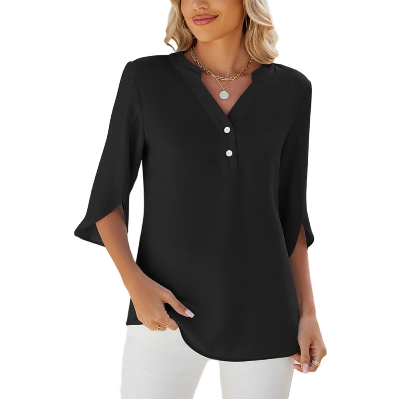 Black Half Sleeve Button V Neck Blouse