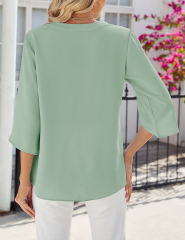 Pea Green Half Sleeve Button V Neck Blouse