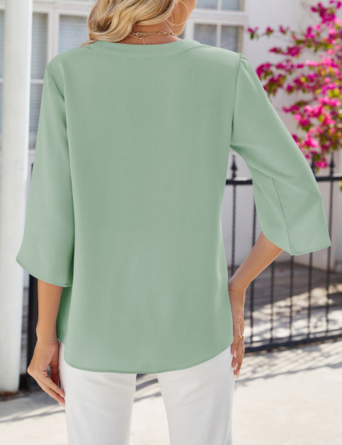 Pea Green Half Sleeve Button V Neck Blouse