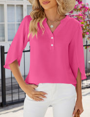 Hot Pink Half Sleeve Button V Neck Blouse