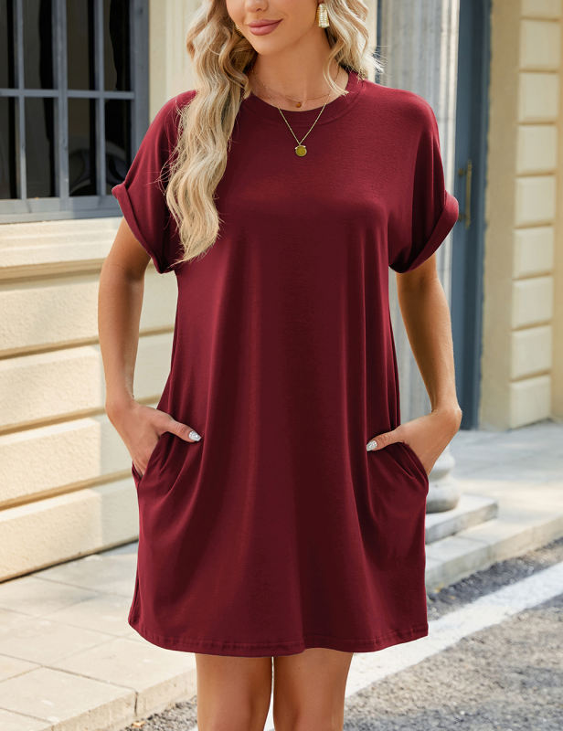 Wine Red Loose Fit Pocket T-shirt Dress